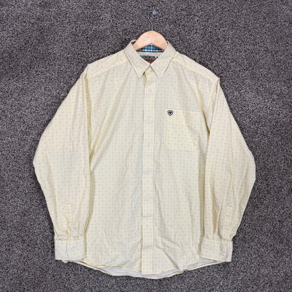 Ariat Cade Shirt Mens L Classic Fit Yellow Cotton Geometric Western Cowboy